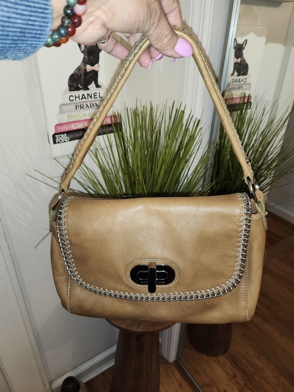 Tan Leather Shoulder Bag with Silver Chain Trim